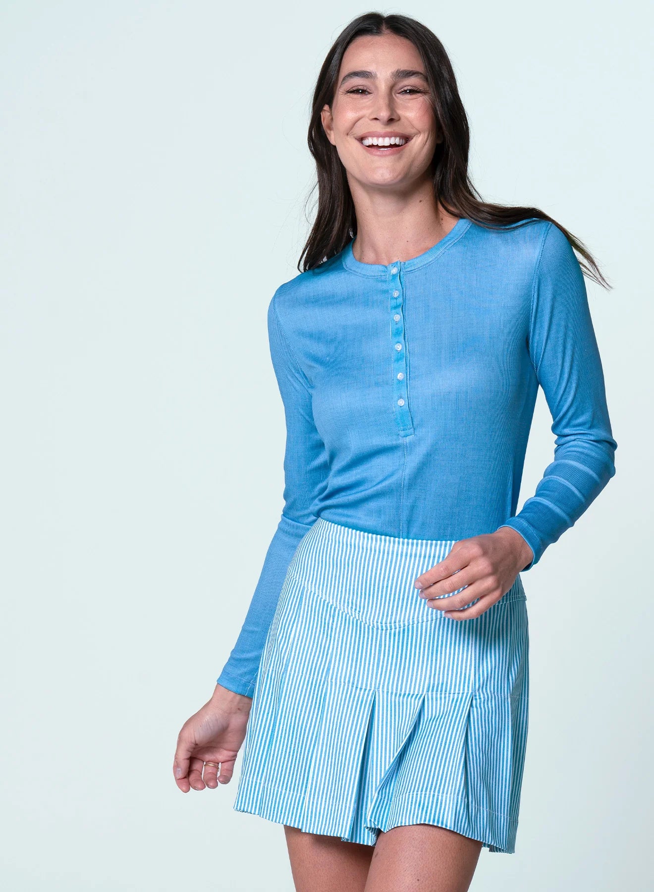 Lucky in Love Linen Play Ribbed Henley Long Sleeve Top